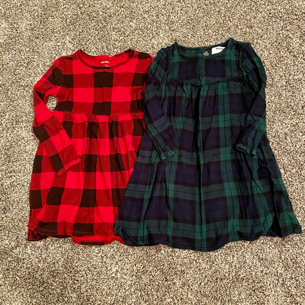 Old Navy Toddler Girls 5T Bundle Plaid Dresses Long Sleeve Red Green Holiday
